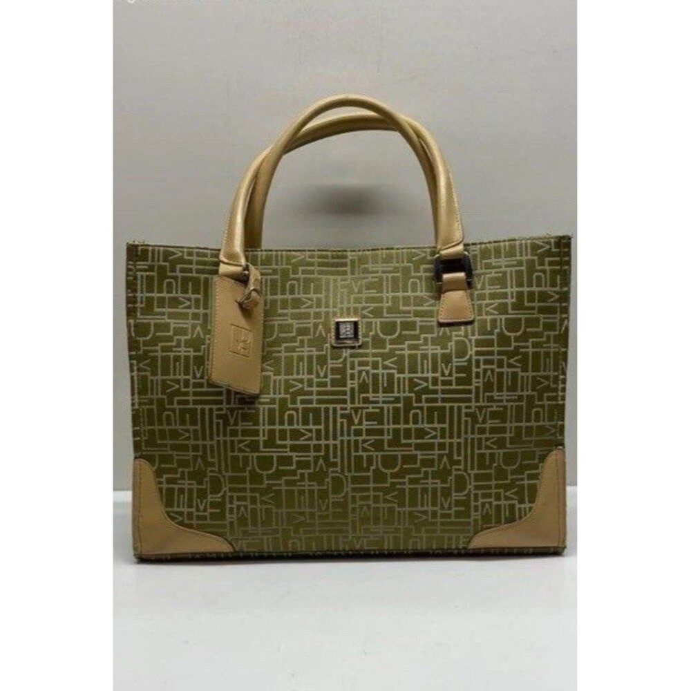Authentic Diane Von Furstenberg DVF green Canvas Tan Leather Tote Bag Laptop